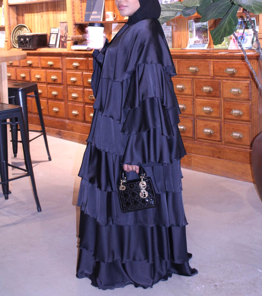 Black Nafisa Silk Ruffle Abaya